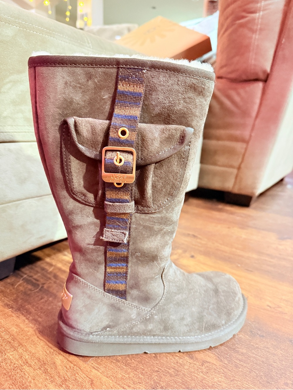 UGG Chestnut Suede Mid-Calf Boot with Striped Buckle Strap